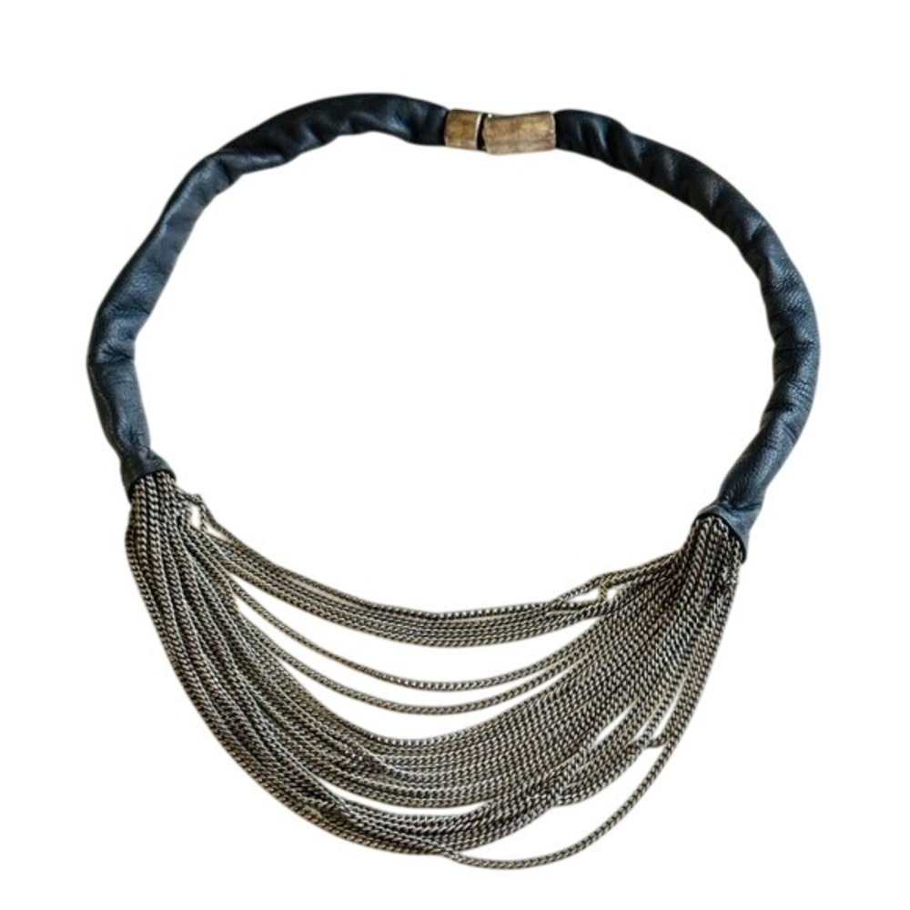 Sandrine De Montard Necklace multi silver Chain leather Collar Rare Signed Spain